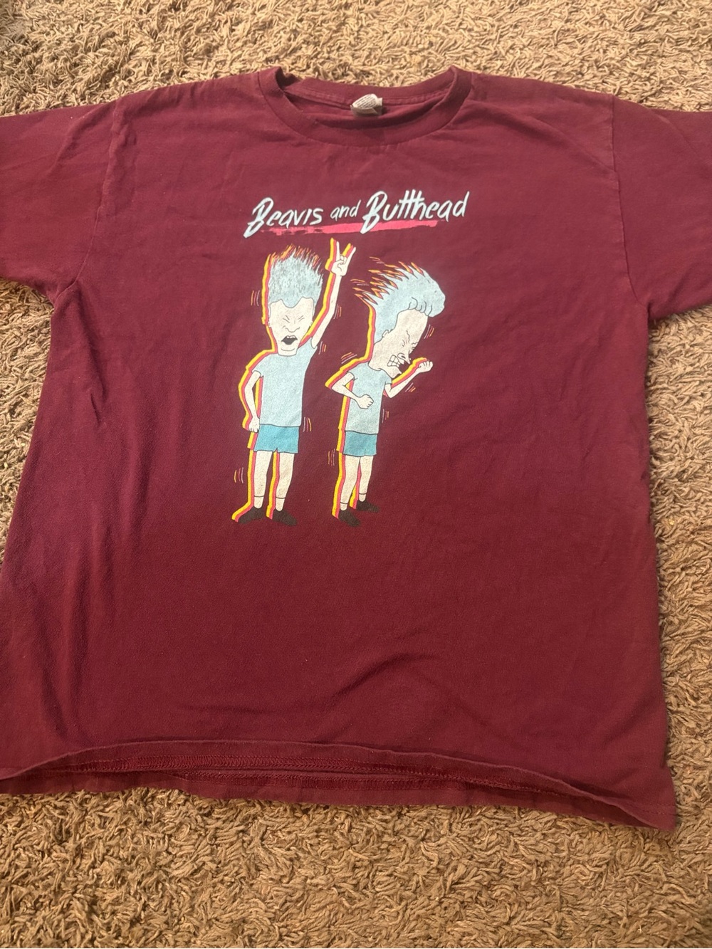 Gildan Maroon Kids Size L Graphic Tee with Cartoon Duo